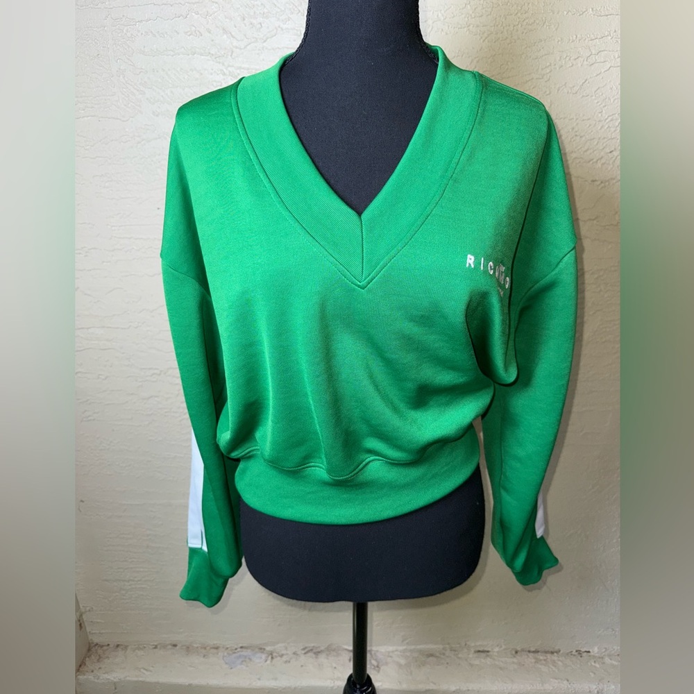 John Richmond Green V Neck Sweatshirt‎ Y2K Sporty Luxe Streetwear Athleisure-XXS
